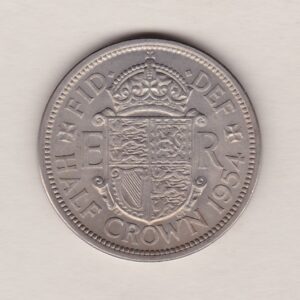 1954 Cupro Nickel Halfcrown featuring the laureate bust of Queen Elizabeth II on the Obverse. A crowned shield, denomination and date below on the Reverse.