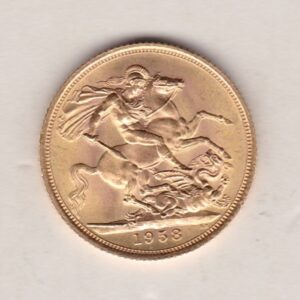 1958 Gold Sovereign Coin featuring the first portrait of Queen Elizabeth II on the Obverse. St George and the Dragon on the Reverse.