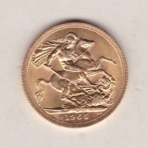 1965 Gold Sovereign Coin featuring the first portrait of Queen Elizabeth II on the Obverse. St George and the Dragon on the Reverse.