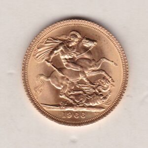 1966 Gold Sovereign Coin featuring the first portrait of Queen Elizabeth II on the Obverse. St George and the Dragon on the Reverse.