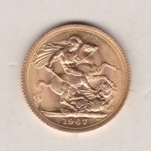 1967 Gold Sovereign Coin. This coin features the first portrait of Queen Elizabeth II on the obverse. St George and dragon on the reverse.