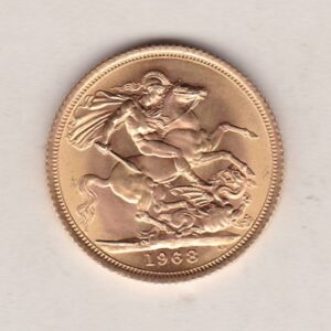 1968 Gold Sovereign Coin featuring the first portrait of Queen Elizabeth II on the Obverse. St George and the Dragon on the Reverse.