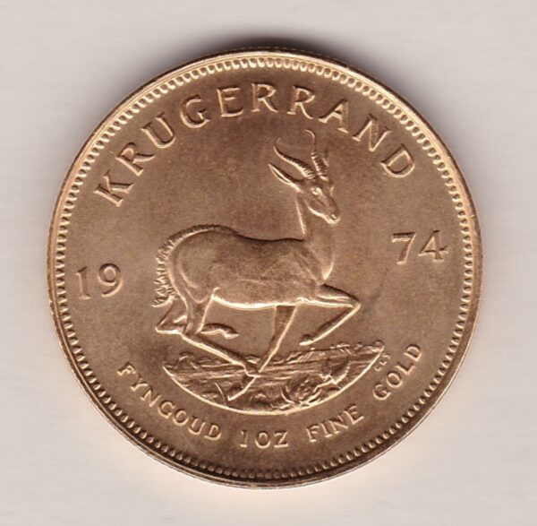 1974 South Africa Gold One Ounce Krugerrand. Investment one ounce gold coin featuring Paul Kruger on the Obverse. The springbok on the Reverse.