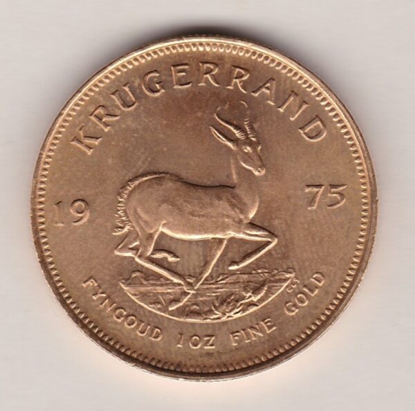 1975 South Africa Gold One Ounce Krugerrand. Investment one ounce gold coin featuring Paul Kruger on the Obverse. The springbok on the Reverse.