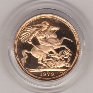 1979 gold sovereign coin featuring queen Elizabeth II on the Obverse. The reverse is completed by the St George & Dragon design.