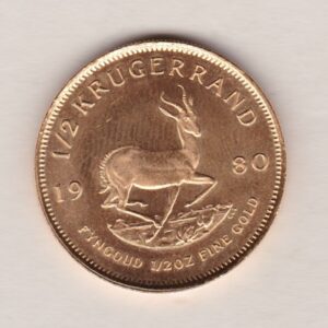 1980 South Africa Gold Half Ounce Krugerrand featuring Paul Kruger on the Obverse. The springbok antelope is on the Reverse.