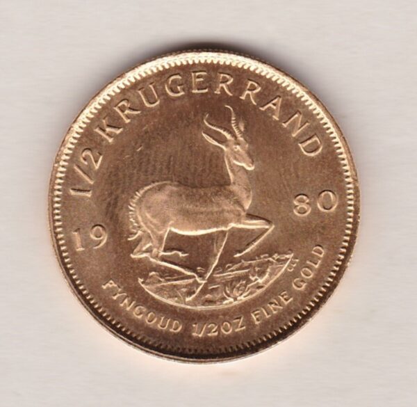 1980 South Africa Gold Half Ounce Krugerrand featuring Paul Kruger on the Obverse. The springbok antelope is on the Reverse.