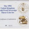 1994 Gold Proof Three Coin Set. This three coin gold sovereign set comes boxed with certificate as issued by the Royal Mint.