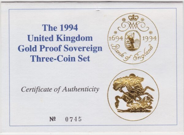 1994 Gold Proof Three Coin Set. This three coin gold sovereign set comes boxed with certificate as issued by the Royal Mint.