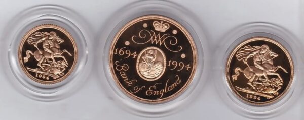 1994 Gold Proof Three Coin Set. This three coin gold sovereign set comes boxed with certificate as issued by the Royal Mint.