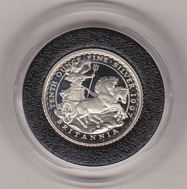 1997 Silver Proof Tenth Ounce Britannia Coin. The coin features Elizabeth II on the obverse. Britannia standing in her chariot on the reverse.