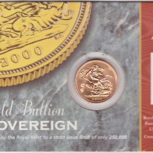 2000 Gold Sovereign Coin - In Royal Mint Card Pack. This coin features the fourth portrait of Queen Elizabeth II on the obverse.