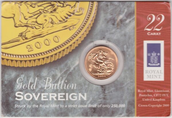 2000 Gold Sovereign Coin - In Royal Mint Card Pack. This coin features the fourth portrait of Queen Elizabeth II on the obverse.