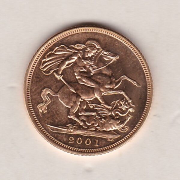 2001 Gold Sovereign Coin. This coin features the fourth portrait of Queen Elizabeth II on the obverse. St George and dragon on the reverse.