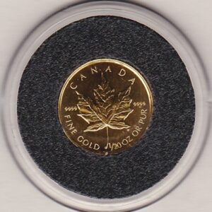 2001 Canada Gold Twentieth Ounce Maple Leaf Coin. This Gold Twentieth Ounce Maple Leaf coin was struck in 9999 Fine Gold and weighs approx. 1.55 grams.