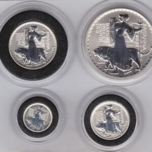 2001 Silver Proof Britannia Four Coin Set. This set features Elizabeth II on the obverse. Britannia with a trident, shield and lion on the reverse.