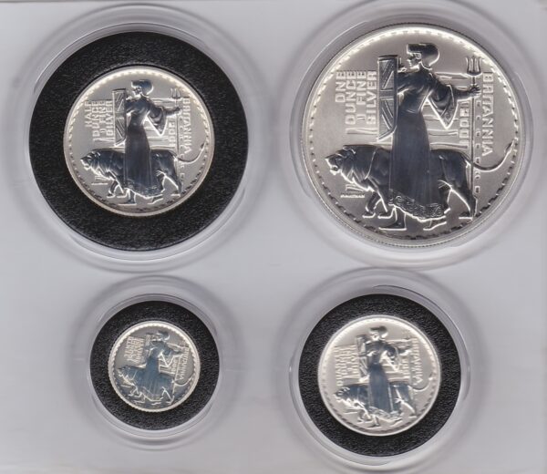 2001 Silver Proof Britannia Four Coin Set. This set features Elizabeth II on the obverse. Britannia with a trident, shield and lion on the reverse.