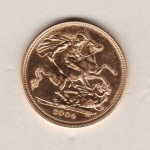 2004 Gold Sovereign Coin. This coin features the fourth portrait of Queen Elizabeth II on the obverse. St George and dragon on the reverse.