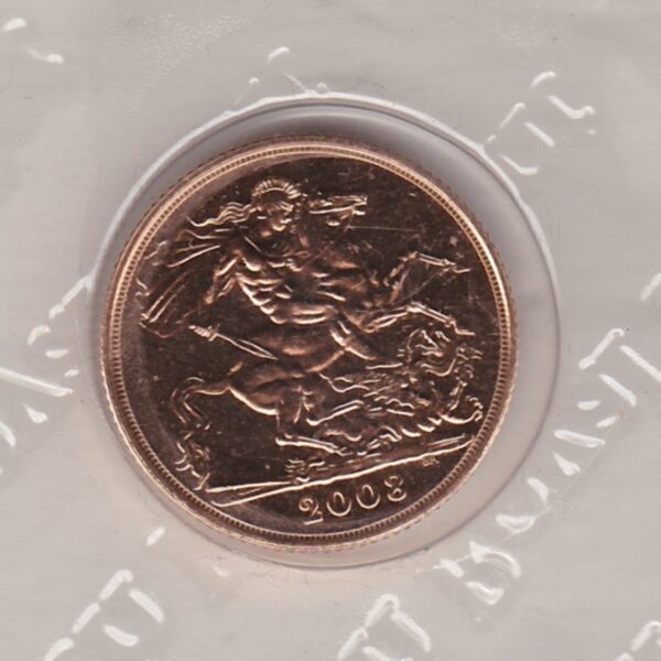 2008 Gold Sovereign Coin. This coin features the fourth portrait of Queen Elizabeth II on the obverse. St George and dragon on the reverse.