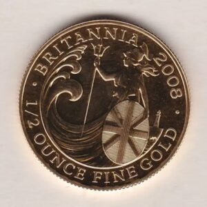 2008 Gold Half Ounce Britannia coin features Queen Elizabeth II on the Obverse. With the unique one off Britannia design by John Bergdahl on the Reverse.