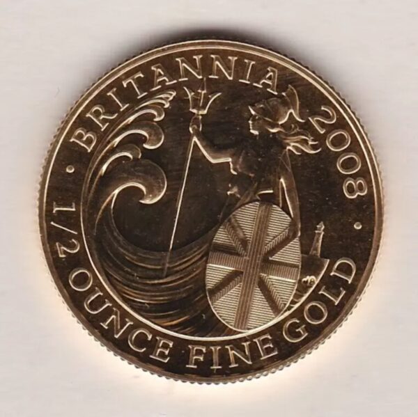 2008 Gold Half Ounce Britannia coin features Queen Elizabeth II on the Obverse. With the unique one off Britannia design by John Bergdahl on the Reverse.