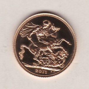 2011 Gold Sovereign Coin. This coin features the fourth portrait of Queen Elizabeth II on the obverse. St George and dragon on the reverse.