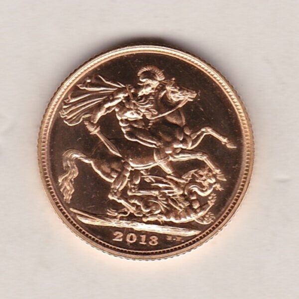 2013 Gold Sovereign Coin. This coin features the fourth portrait of Queen Elizabeth II on the obverse. St George and dragon on the reverse.