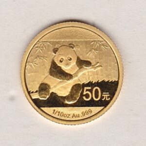 2014 China Gold Tenth Ounce Panda Coin. The Gold Tenth Ounce Panda coin was struck in 999 Fine Gold and weighs approx. 3.11 grams.