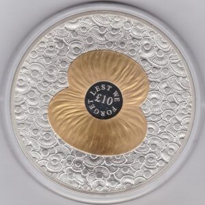 2014 Jersey Proof Five Ounce Silver Coin Lest We Forget. This coin weighs 155.12 grams of 0.925 silver with selective 24 carat gold plating.