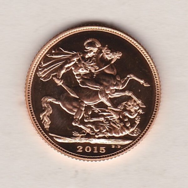 2015 Gold Sovereign Coin. This coin features the portrait of Queen Elizabeth II on the obverse. St George and dragon on the reverse.