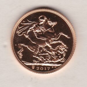 2017 Gold Sovereign Coin. This coin features the fifth portrait of Queen Elizabeth II on the obverse. St George and dragon on the reverse.