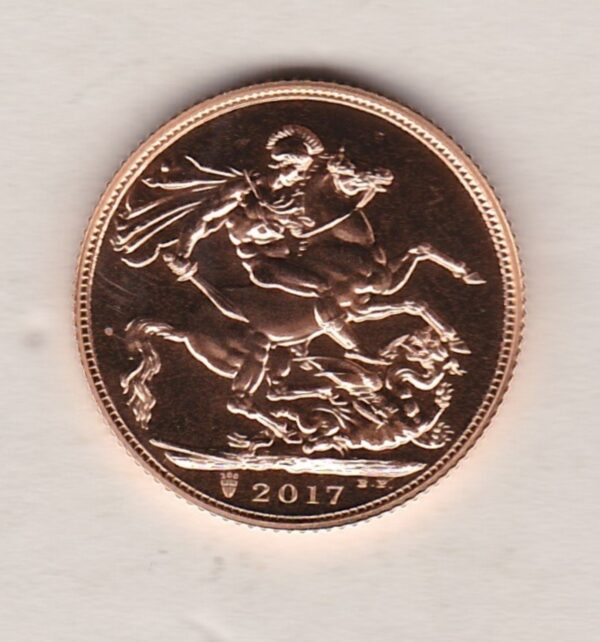 2017 Gold Sovereign Coin. This coin features the fifth portrait of Queen Elizabeth II on the obverse. St George and dragon on the reverse.