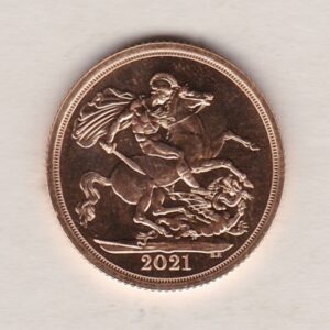 2021 Gold Sovereign Coin. This coin features the fifth portrait of Queen Elizabeth II on the obverse. St George and dragon on the reverse.