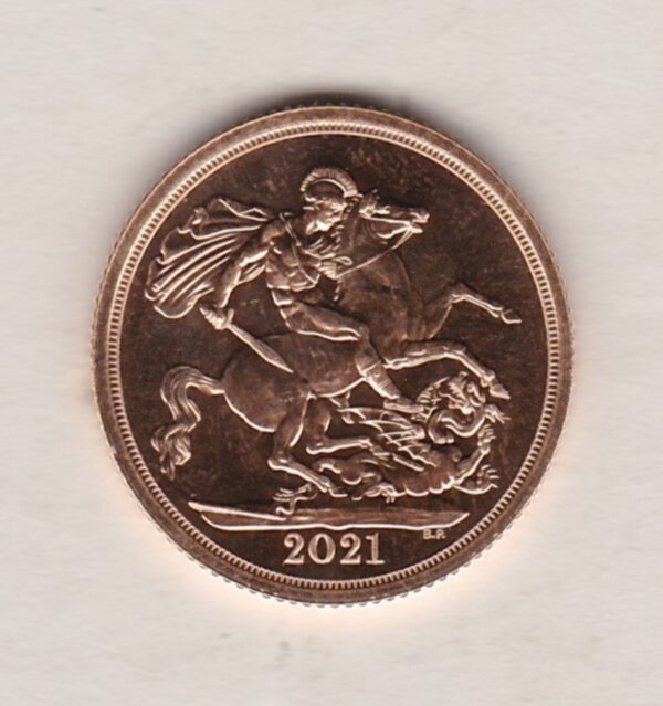 2021 Gold Sovereign Coin. This coin features the fifth portrait of Queen Elizabeth II on the obverse. St George and dragon on the reverse.