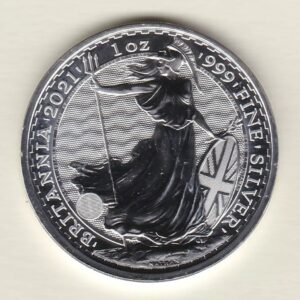 2021 Silver Britannia One Ounce Coin. The coin contains one ounce of 999 fine silver. All of our silver coins have been pre-owned and are in stock.