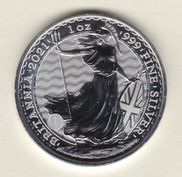 2021 Silver Britannia One Ounce Coin. The coin contains one ounce of 999 fine silver. All of our silver coins have been pre-owned and are in stock.