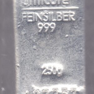 250 Gram Silver Bar Umicore. This bar contains 250 grams of 999 fine Silver. All of our silver bars have been pre-owned and are in stock.