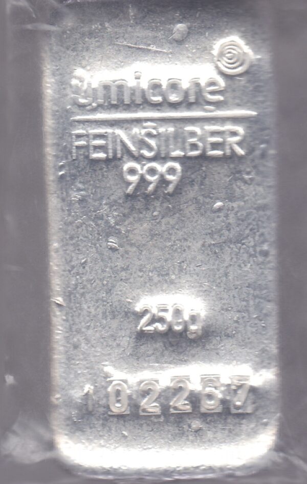 250 Gram Silver Bar Umicore. This bar contains 250 grams of 999 fine Silver. All of our silver bars have been pre-owned and are in stock.