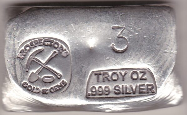 Three Ounce Silver Bar hand poured by USA Prospector's Gold & Gems. All of our silver bars have been pre-owned and are in stock.