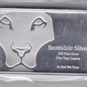 Five Ounce Silver Bar Scottsdale. This bar contains 5 ounces of 999 fine Silver. All of our silver bars have been pre-owned and are in stock.