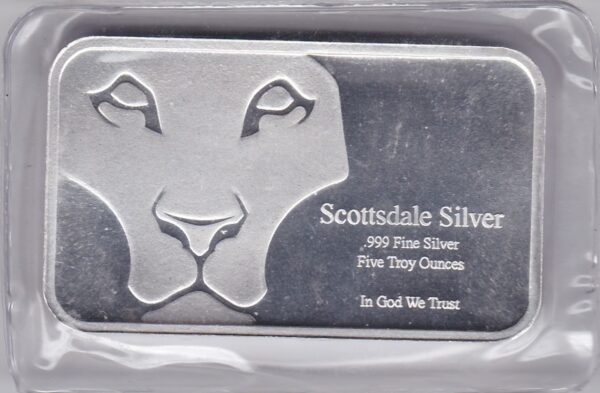 Five Ounce Silver Bar Scottsdale. This bar contains 5 ounces of 999 fine Silver. All of our silver bars have been pre-owned and are in stock.