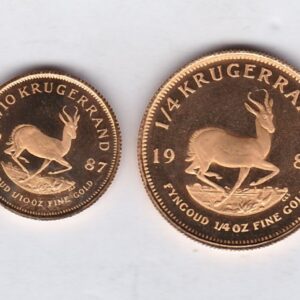 1987 South Africa Gold Proof Two Coin Krugerrand Set. This two coin set coin contains 0.35 ounces of fine Gold. This set comes in the original box.