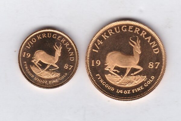 1987 South Africa Gold Proof Two Coin Krugerrand Set. This two coin set coin contains 0.35 ounces of fine Gold. This set comes in the original box.