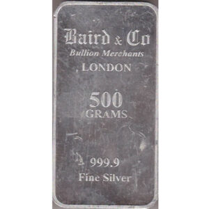 500 Gram Silver Bar Baird & Co. This bar contains 500 grams of 999 fine Silver. All of our silver bars have been pre-owned and are in stock.