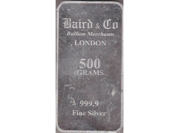 500 Gram Silver Bar Baird & Co. This bar contains 500 grams of 999 fine Silver. All of our silver bars have been pre-owned and are in stock.