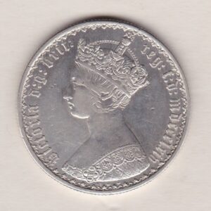 1864 Silver Gothic Florin. The Obverse features a crowned bust of Queen Victoria and the die number 71. The Reverse features a shield with denomination.