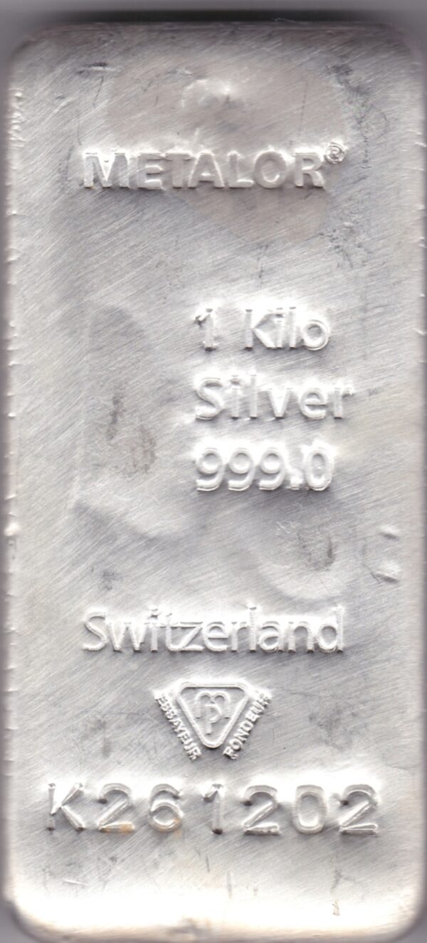 One Kilo Silver Bar Metalor. This bar comes with the original certificate as issued by Metalor. All of our silver bars have been pre-owned and are in stock.