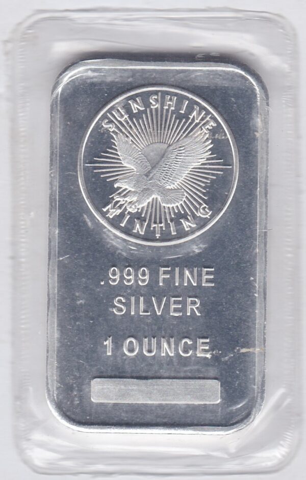 One Ounce Silver Bar Sunshine Minting. All of our silver bars have been pre-owned and are in stock. This bar contains one ounce of 999 fine Silver.