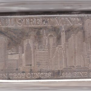 Ten Ounce Silver Bar Wall Street Mint. This bar contains 10 ounces of 999 fine Silver. All of our silver bars have been pre-owned and are in stock.