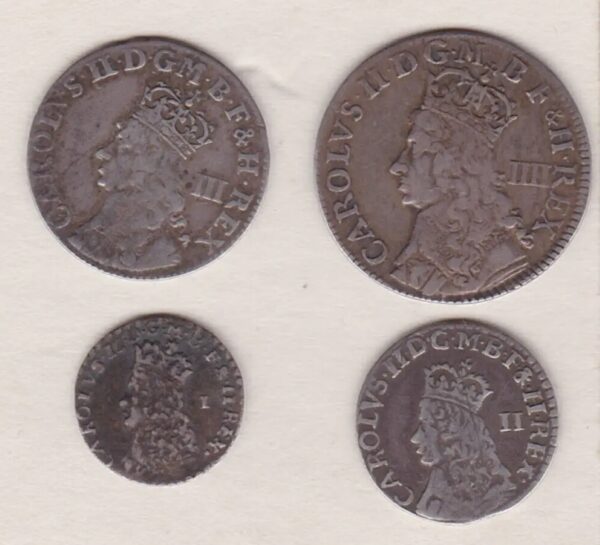 Undated Charles II Silver Maundy Set of four coins featuring the portrait of Charles II on the Obverse. The Reverse has a quartered shield of arms.